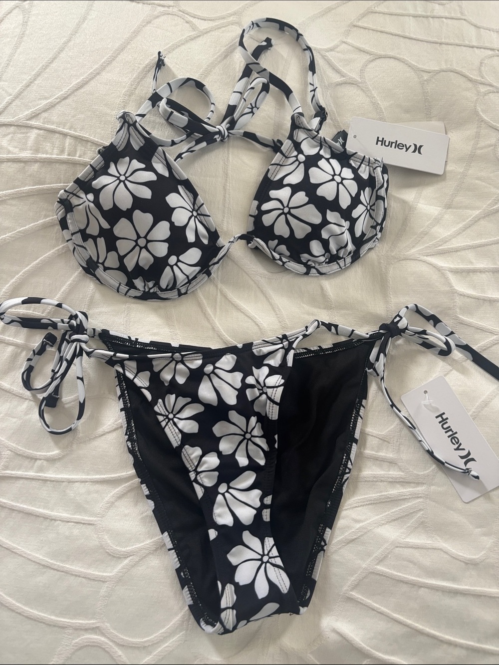 Brand New Hurley Black & White Floral Tie-Side Bikini Set